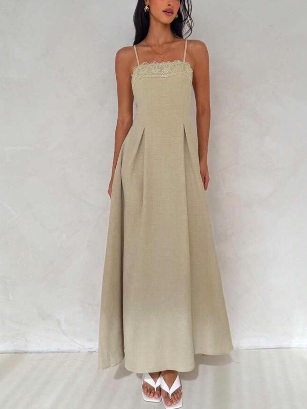 Spaghetti-Strap Cream Maxi Dress with Lace Trim - Picture 1 of 7